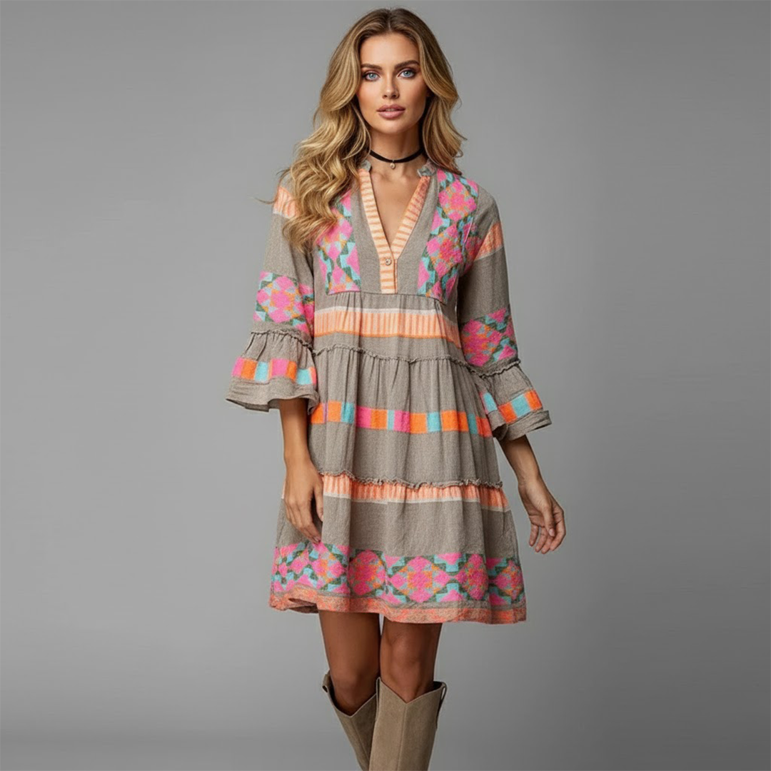 Elowen | Women’s Colorful Boho Bell Sleeve Dress