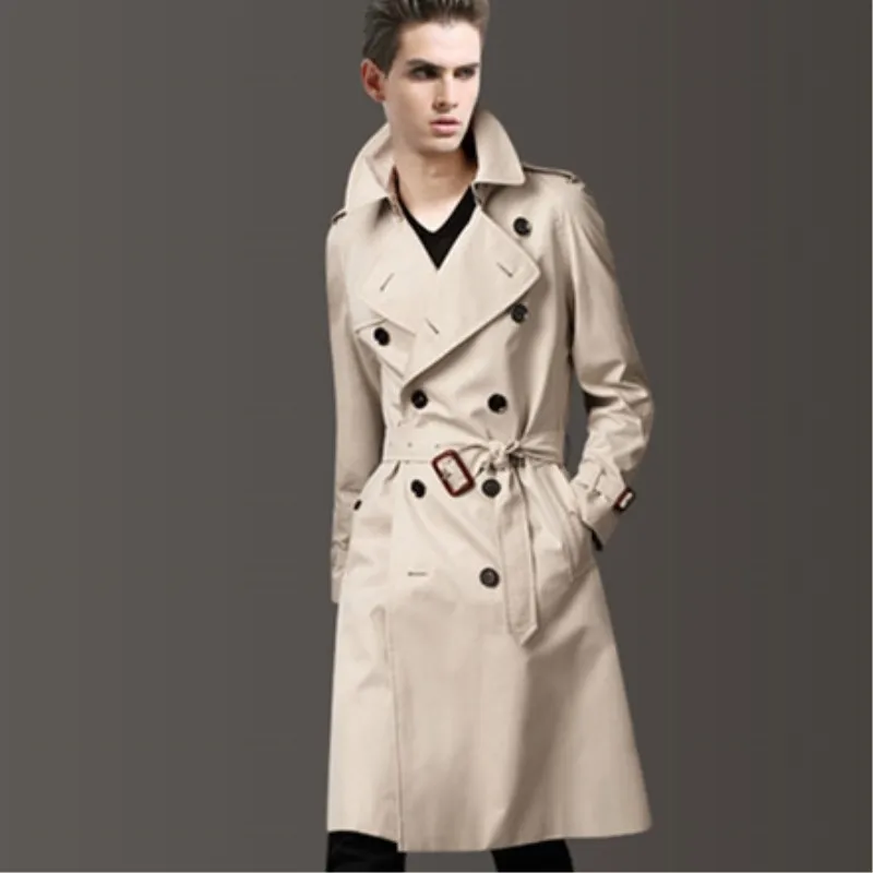 Men's Medium-Long Khaki Trench Coat Single Breasted Slim Fit Monochrome 3XL Spring Autumn Wear