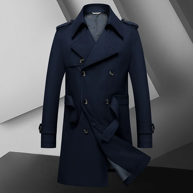 Spring Autumn New Fashion Men's Solid Color Simple Casual Trendy Double-breasted Long Sleeve Plus Size Trench Male Coat Clothes - Image 3