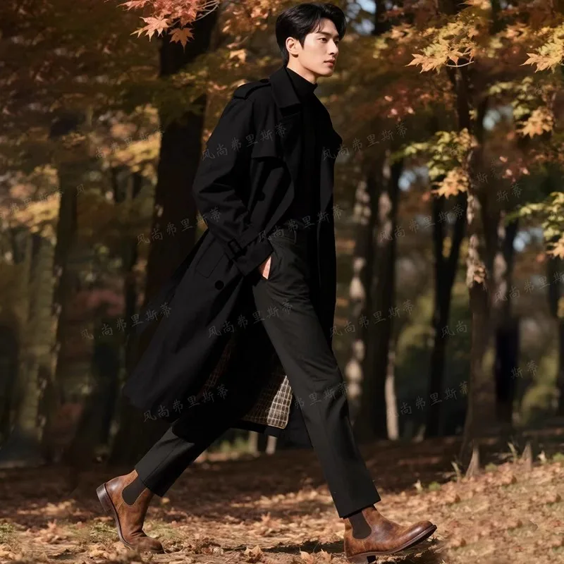 Men's Double-breasted Oversized Trench Coat Business Casual Lengthen Handsome Spring Autumn Fashion Outerwear - Image 2