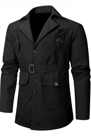 EU Size Mid-Length Single-Breasted Trench Coat Man Black Classic Elegant Windbreaker Stylish Loose Windproof Mens Jacket Outwear