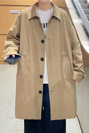 Men Windbreaker Coat Lapel Long Sleeve Buttons Placket Trench Coat With Pockets Solid Color Loose Fit Mid-length Male Outwear