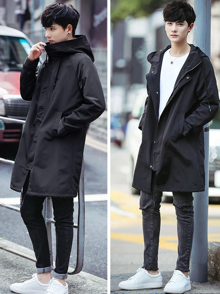 Spring Autumn Long Trench Coat Men Fashion Hooded Windbreaker Black Overcoat Casual Jackets - Image 3