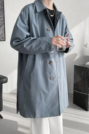 Men Trench Design Solid Color Breasted Oversize Leisure Teen Long Coat Outwear Hombre Korean Style Windbreaker Soft High Quality