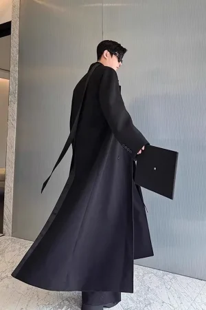 Mauroicardi Spring Autumn Extra Logn Black Oversized Flowy Soft Trench Coat for Men with Back High Slit Loose Casual Overcoat
